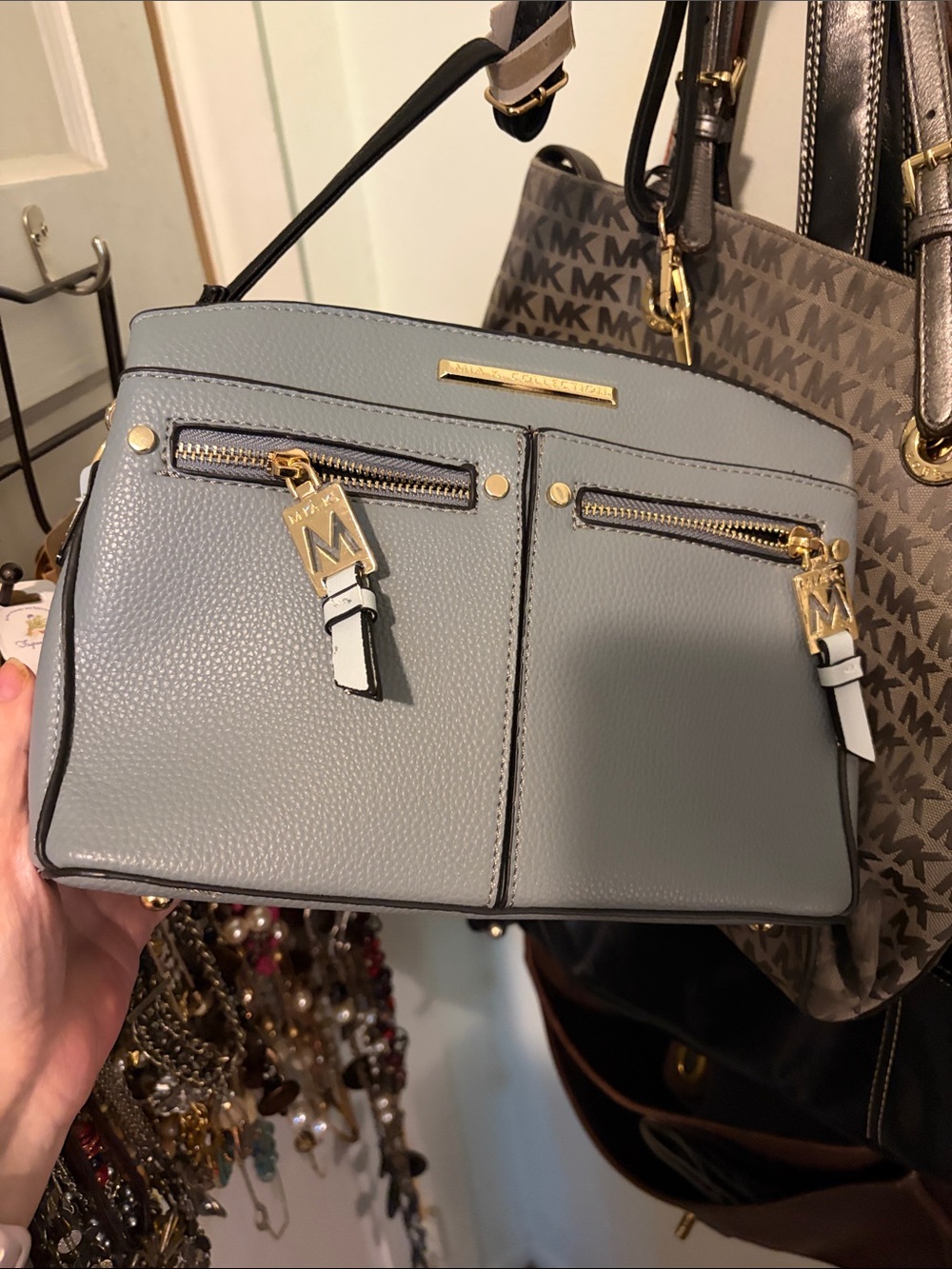 New MIA Pebbled Crossbody Bag in Light Gray/Blue with Black Strap Gold Hardware